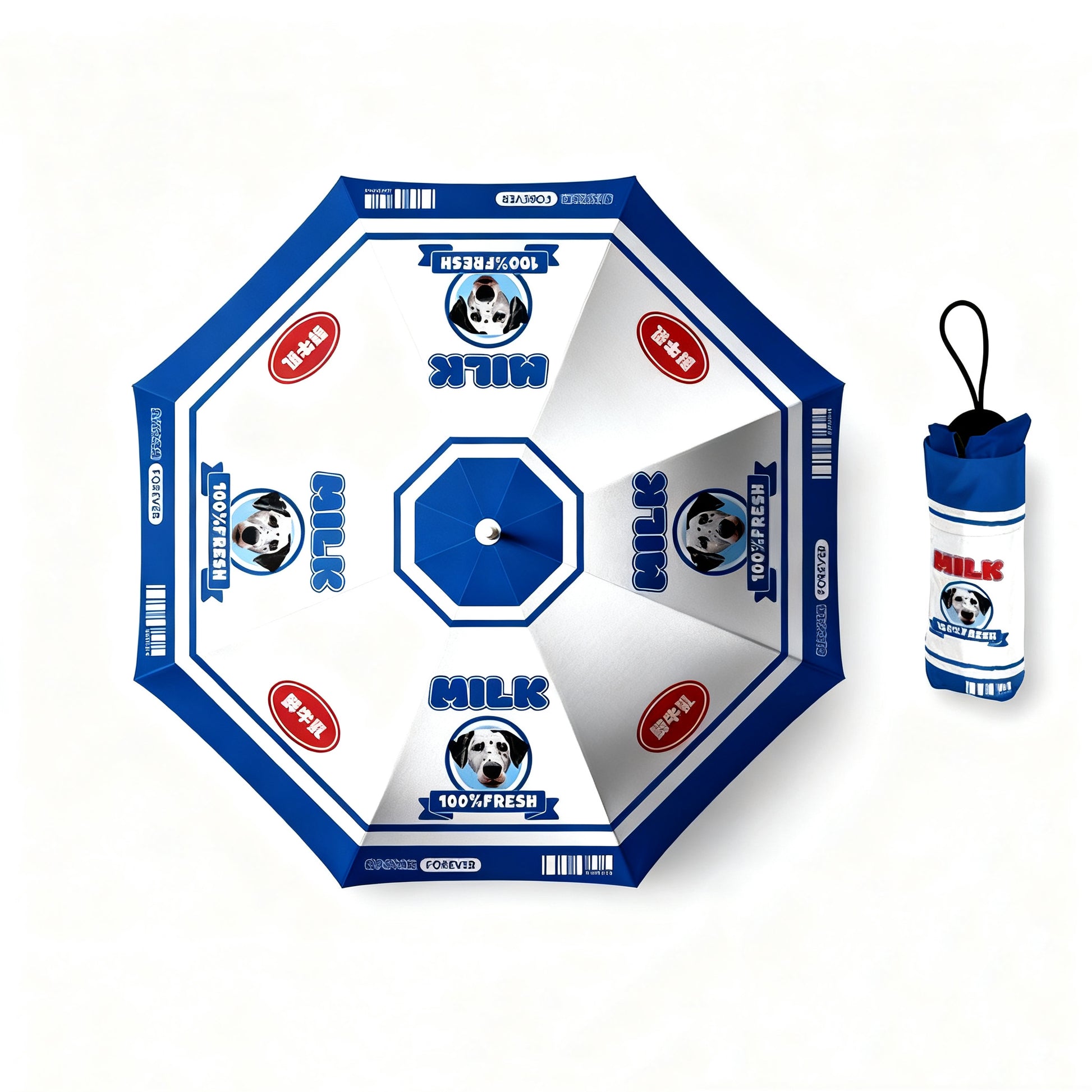 Blue and white umbrella with Dalmatian portraits and milk-themed “100% Fresh” design.