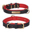 Black PU leather pet collar with red lining and brass buckle, customizable engraved nameplate.
