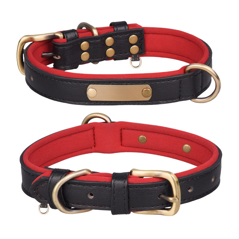 Black PU leather pet collar with red lining and brass buckle, customizable engraved nameplate.