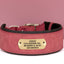 Red wide leather dog collar with engraved gold nameplate “Coco”.