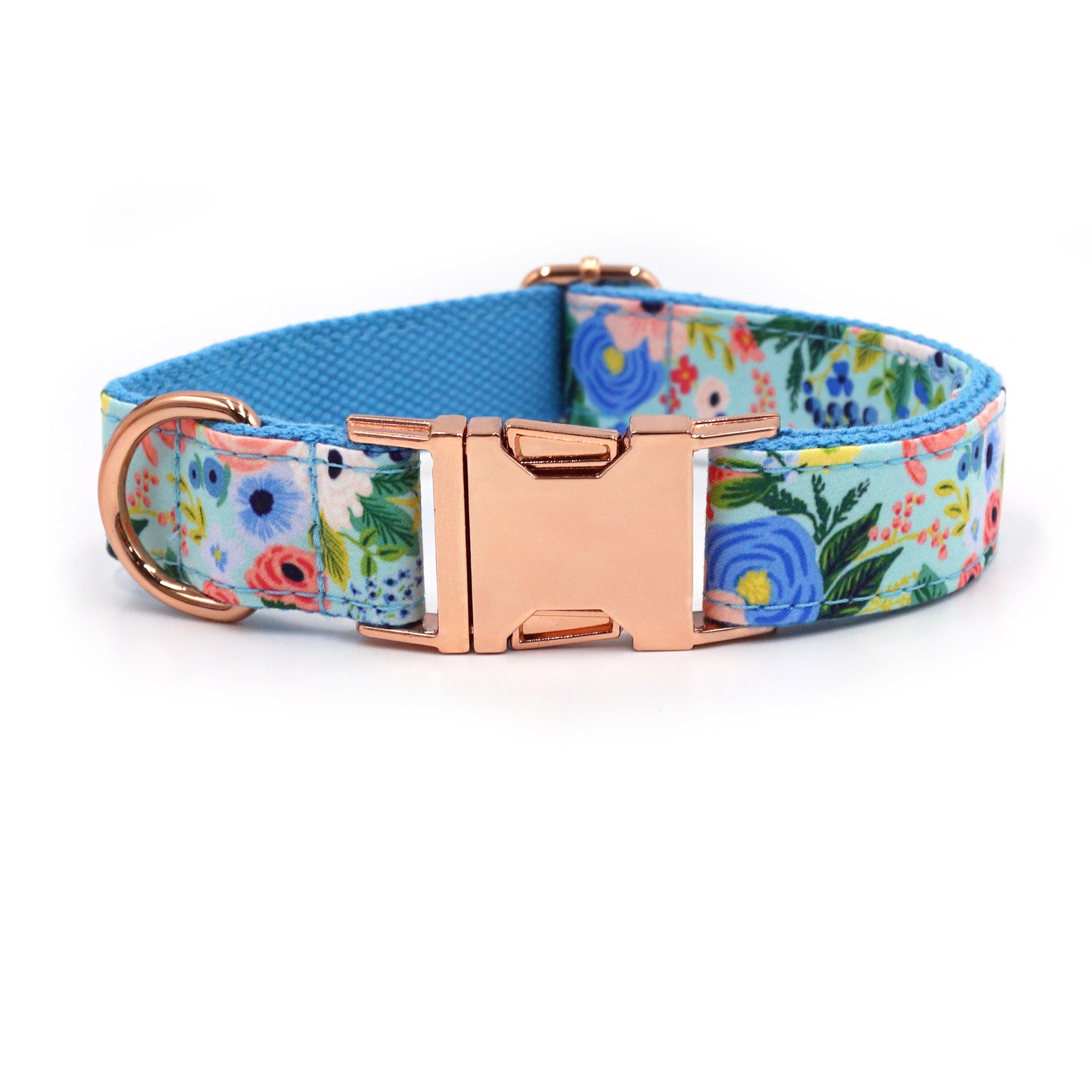 Blue floral printed pet collar with rose gold buckle and soft lining.