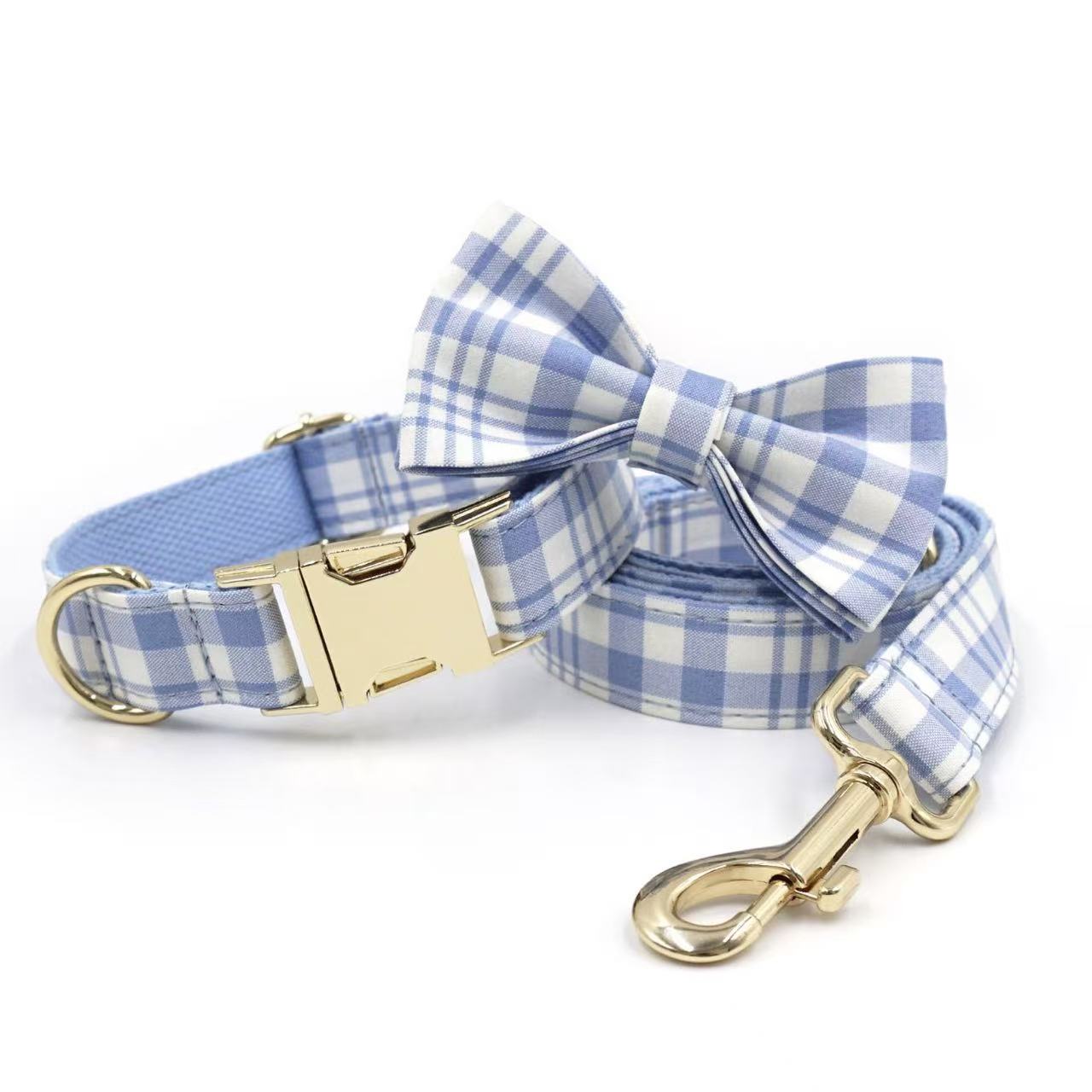 Blue plaid pet collar with bow tie and leash, stylish and comfortable.