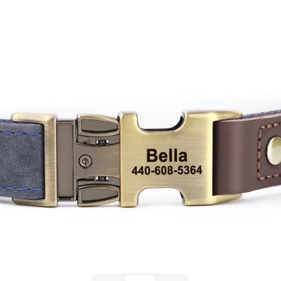 Close-up of engraving on brass side-release buckle showing pet name and phone number