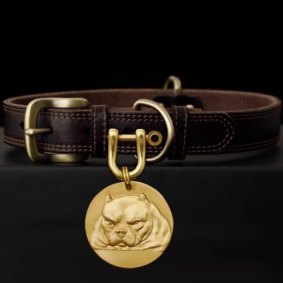 Handcrafted brown leather dog collar with gold American Bully tag. Strong, stylish, and customizable with engraving.