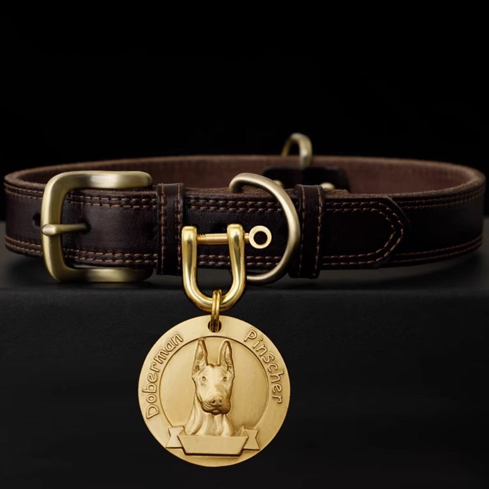 Brown leather dog collar with brass tag featuring Doberman Pinscher design.