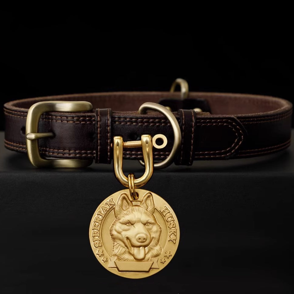 Leather collar with brass tag featuring Siberian Husky portrait.