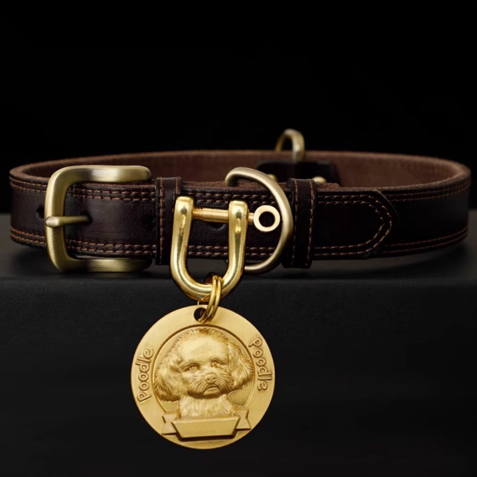 Classic leather dog collar with brass Poodle medallion.