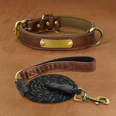 Brown PU leather pet collar with matching leash, brass buckle, and engraved nameplate.