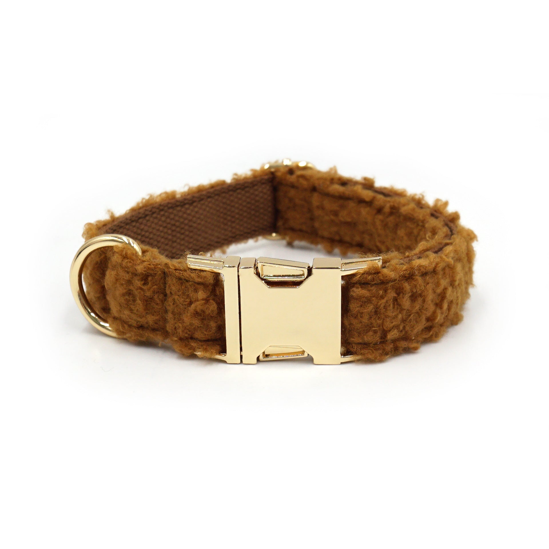 Brown teddy fleece dog collar with shiny gold buckle, soft texture and premium look.
