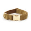 Camel color velvet pet collar with engraved gold buckle, perfect for medium dogs or cats.