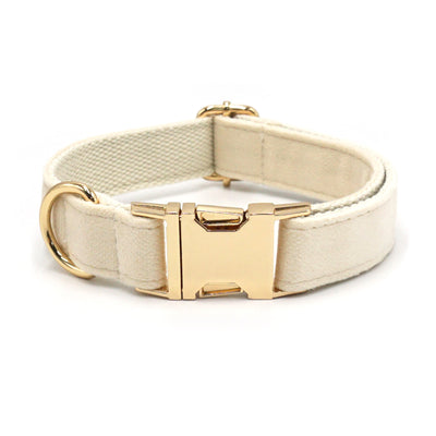 Cream white velvet pet collar with gold metal buckle, soft and elegant design for dogs and cats.