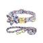 Blue floral dog collar and leash set with engraved nameplate and matching bow.