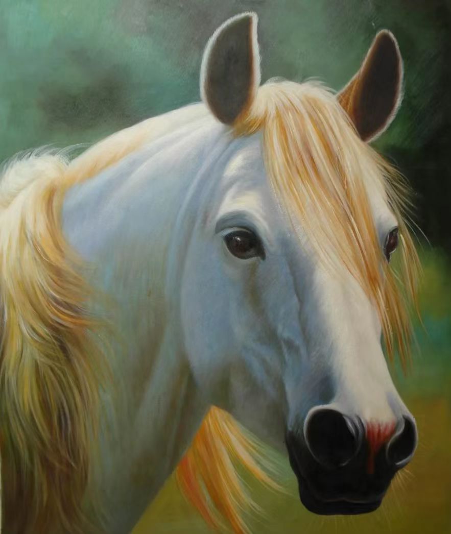 Realistic oil painting of a white horse with golden mane, looking softly ahead against a green forest background.