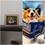 Realistic hand-carved wooden fridge magnet of a smiling Corgi dog in blue outfit, beside photo reference