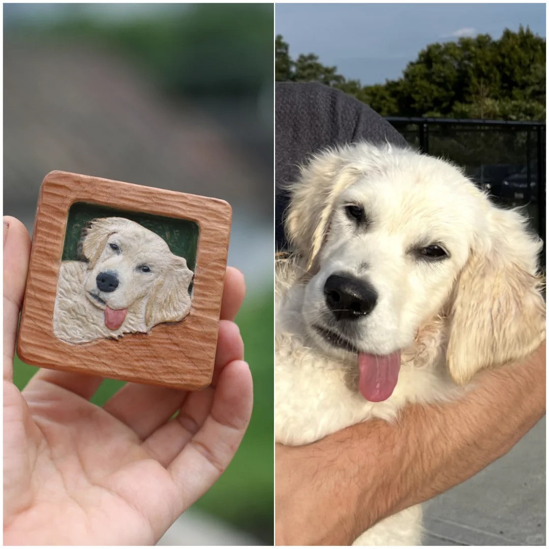 Hand-carved wood fridge magnet of a Golden Retriever with tongue out, shown next to original dog photo, realistic 3D style