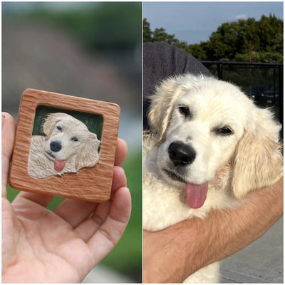 Hand-carved wood fridge magnet of a Golden Retriever with tongue out, shown next to original dog photo, realistic 3D style