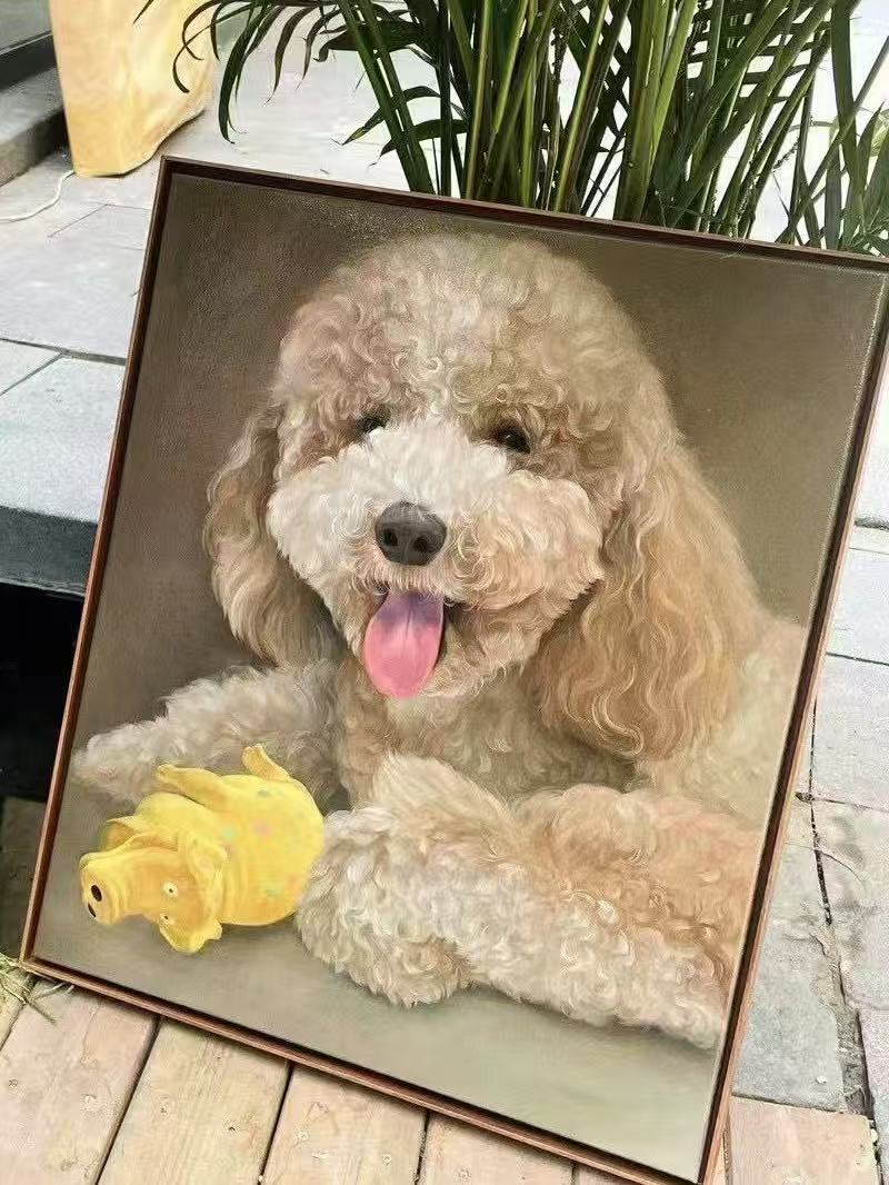 A hand-painted oil portrait of a cream-colored poodle with curly fur, resting with a bright yellow plush toy. The dog is depicted with its tongue out and a joyful expression, painted on canvas with soft, natural tones. A heartwarming keepsake for pet lovers.