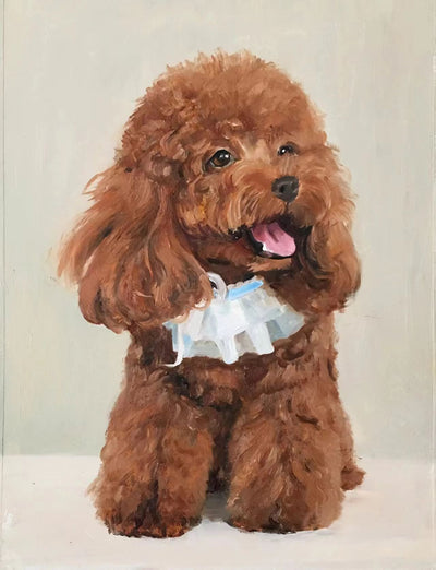 Hand-painted oil portrait of a brown poodle wearing a frilly white collar, sitting with tongue out and joyful expression.