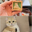 Side-by-side comparison of a realistic wooden keychain featuring a chubby golden cat carved in a sitting pose, and the original reference photo of the same cat sitting on a sofa.