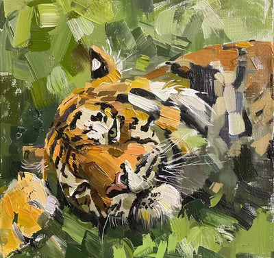 Expressive impasto-style oil painting of a tiger lying in the grass, featuring bold strokes and vivid colors.