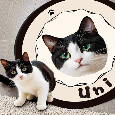 Personalized pet rug with custom cat photo, black and white cat printed round mat for home decor