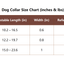 Size chart showing small, medium, and large dog collars with adjustable lengths in inches, widths, and recommended pet weights in pounds.