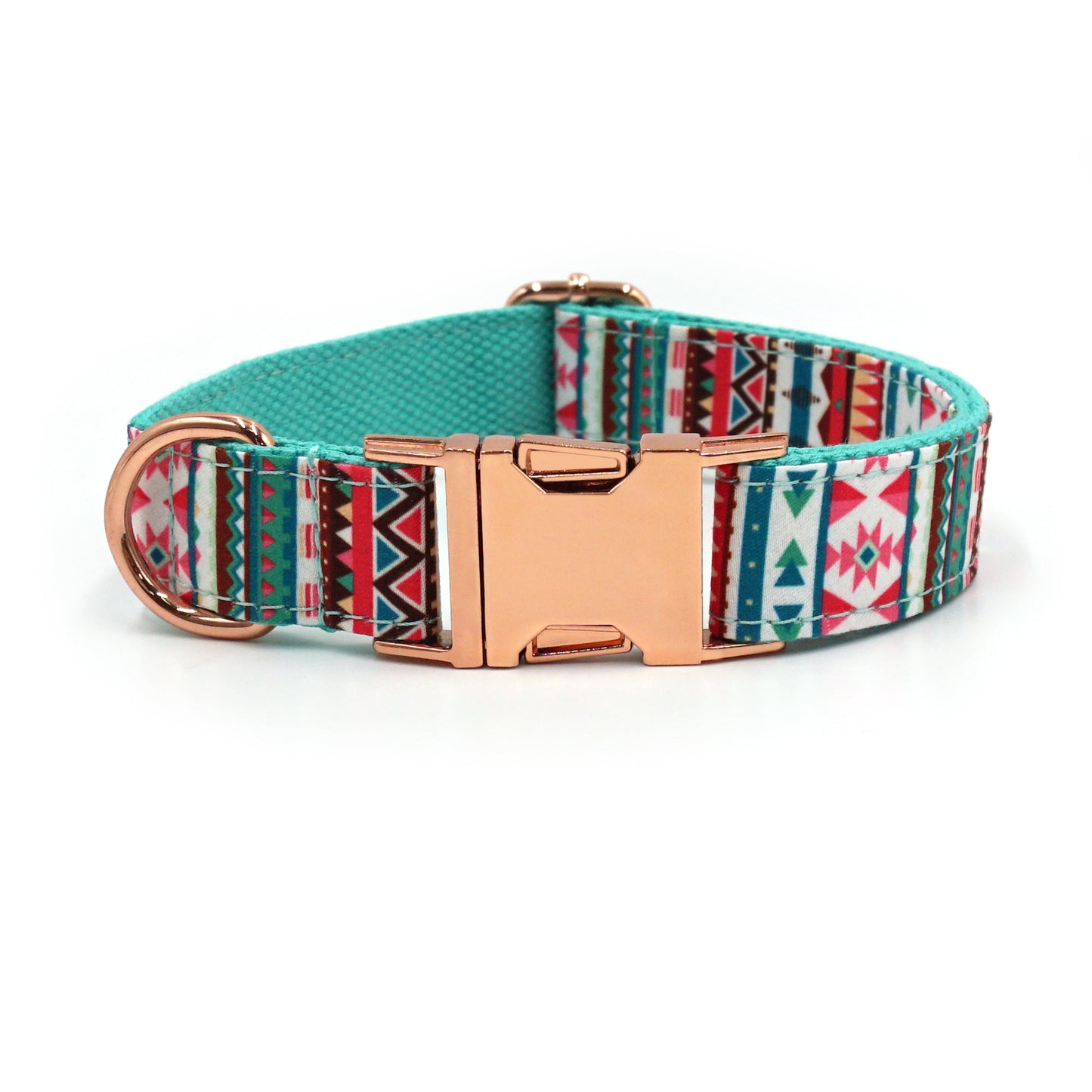 Geometric printed collar in red, teal, and white with rose gold buckle.