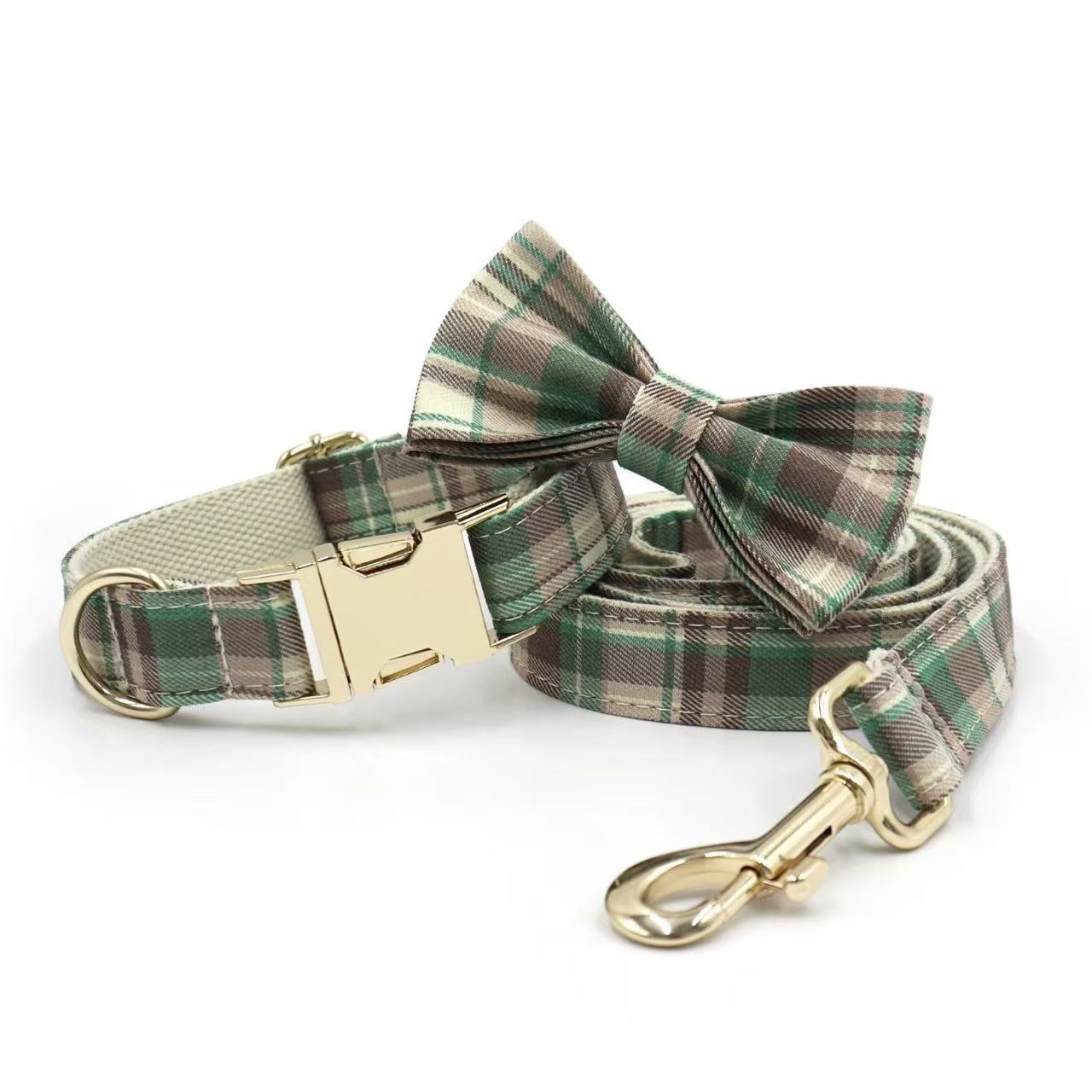 Green and brown plaid collar with matching bow tie and leash, classic pattern.