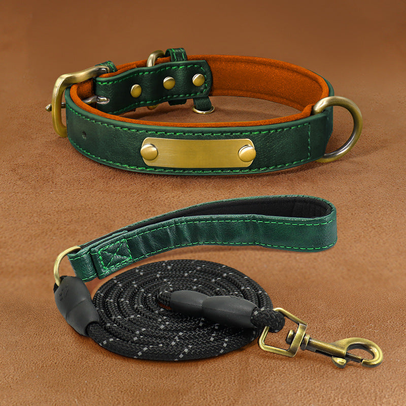 Green PU leather dog collar with brass buckle and matching leash, soft diving fabric lining.