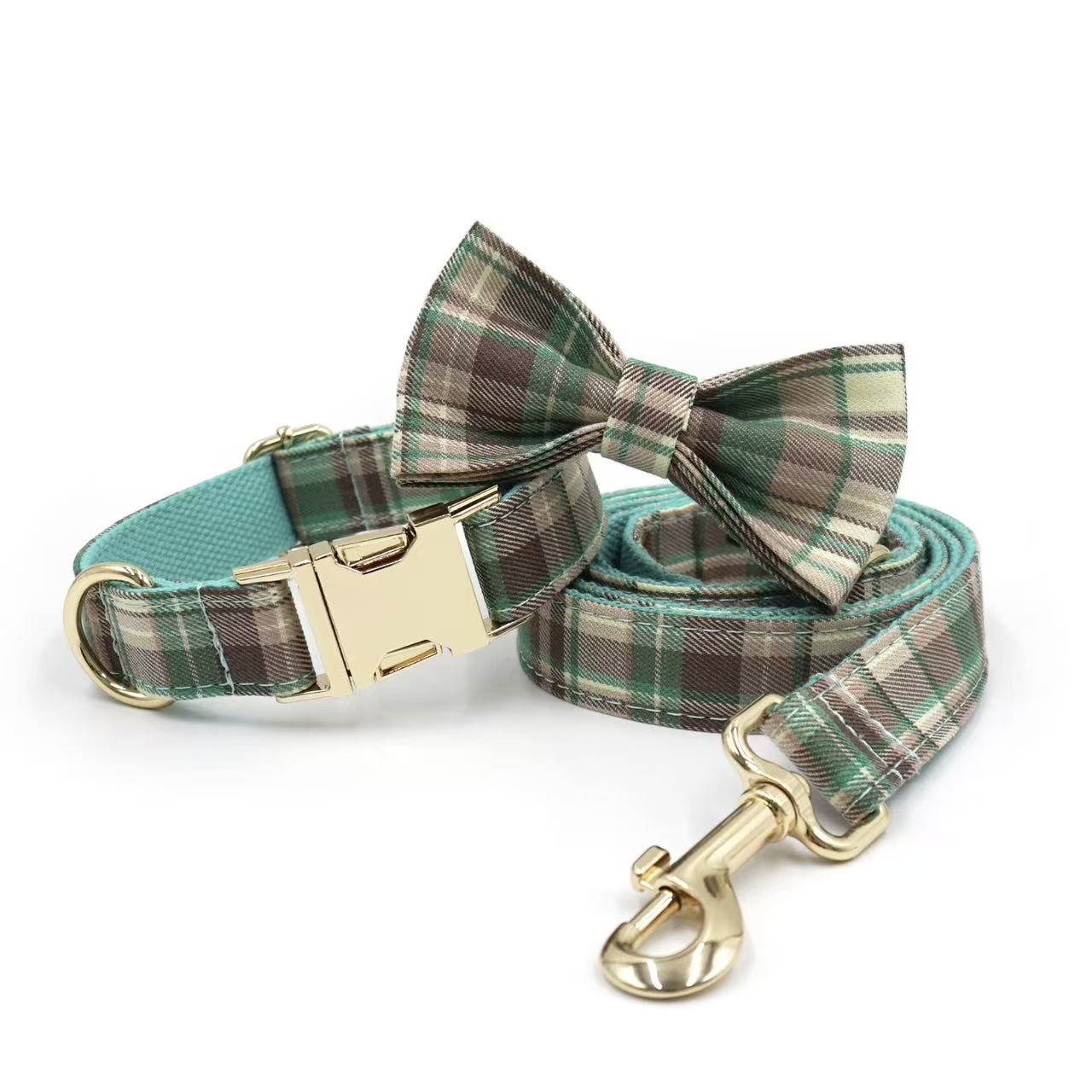 Mint green plaid pet collar with gold buckle and bow tie, fresh and cute style.