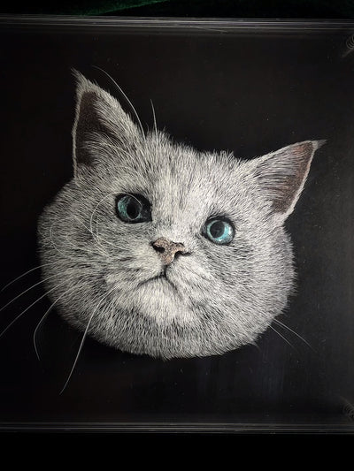 3D multi-layer glass pet portrait of a grey cat with blue eyes, carved on transparent panes with realistic fur details.