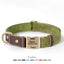 Olive-green personalized dog collar with brass buckle and “9 colors” swatch bar