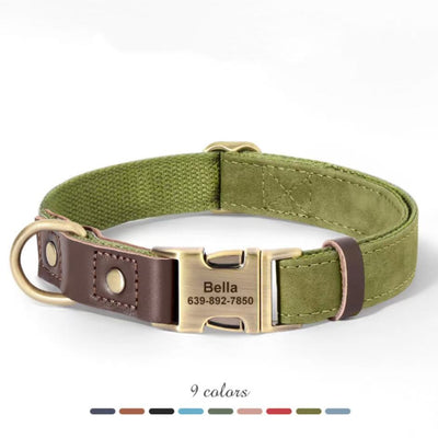 Olive-green personalized dog collar with brass buckle and “9 colors” swatch bar
