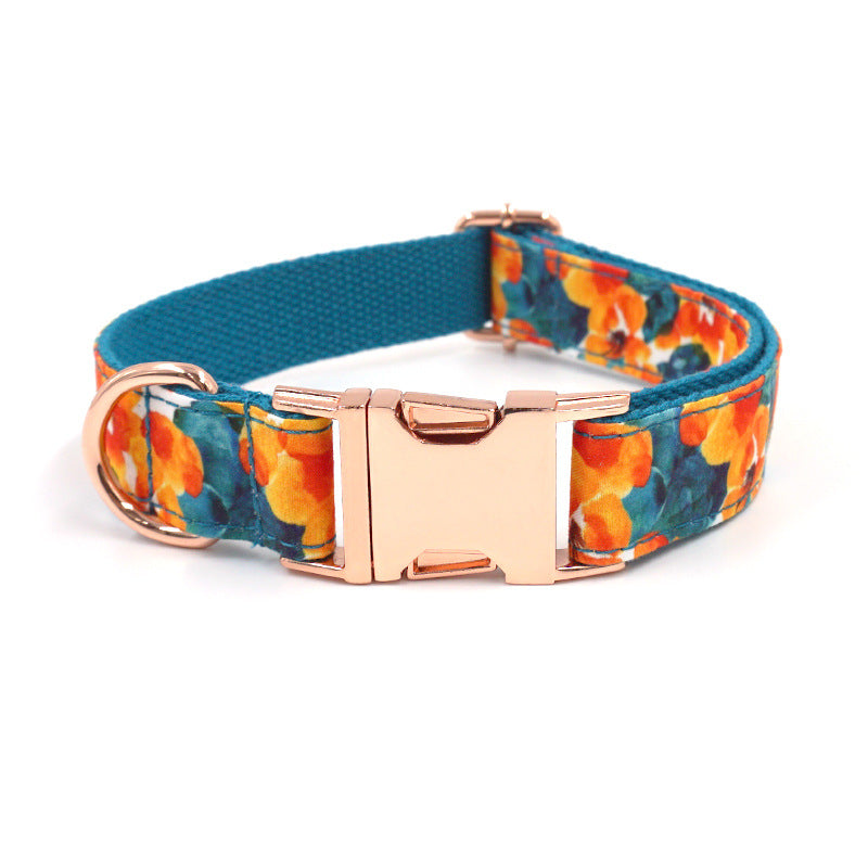 Bright orange floral printed pet collar with rose gold buckle.