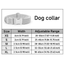 Size chart showing width and adjustable range for pet collars in XS to XL sizes.
