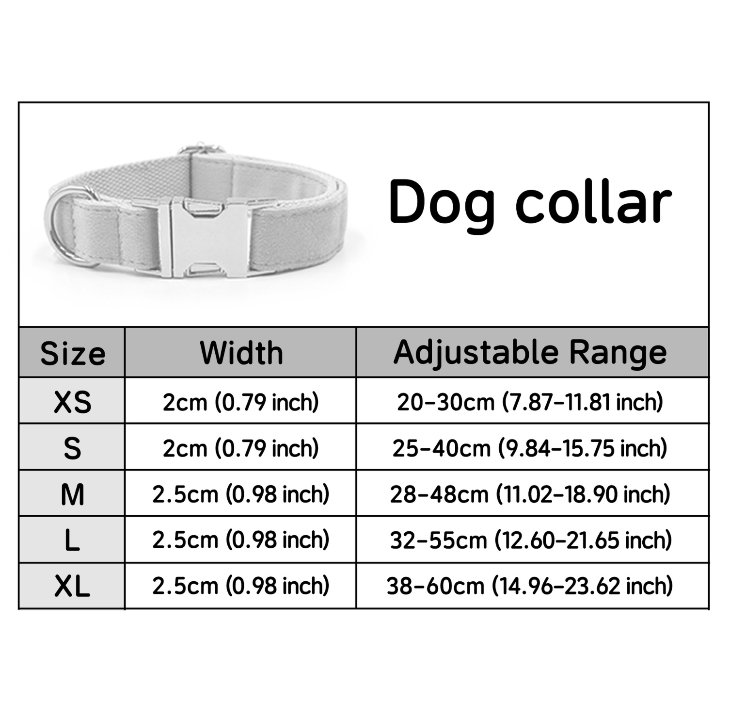 Size chart showing width and adjustable range for pet collars in XS to XL sizes.