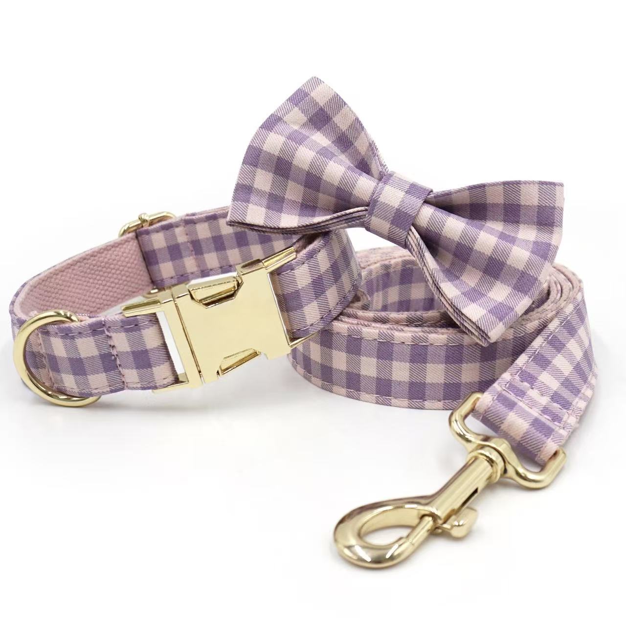 Pink and purple plaid collar with detachable bow tie and leash, for dogs or cats.
