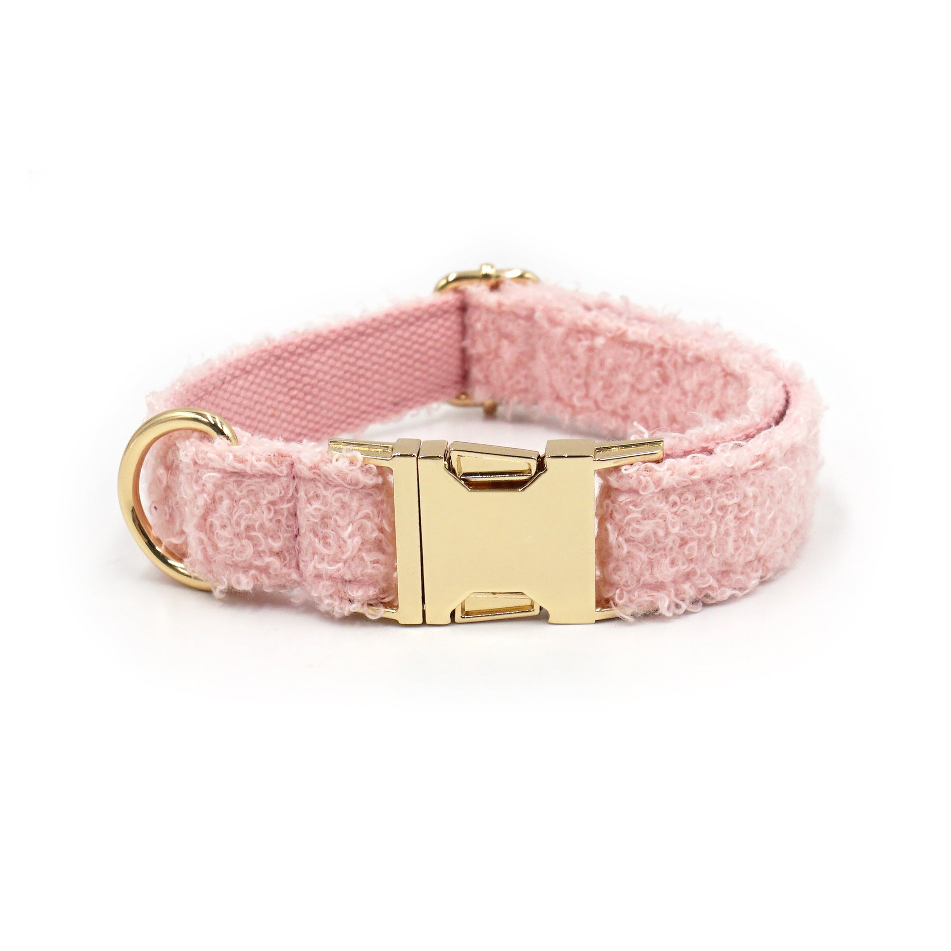 Soft pink teddy fleece pet collar with gold metal buckle, cozy and elegant design for dogs and cats.
