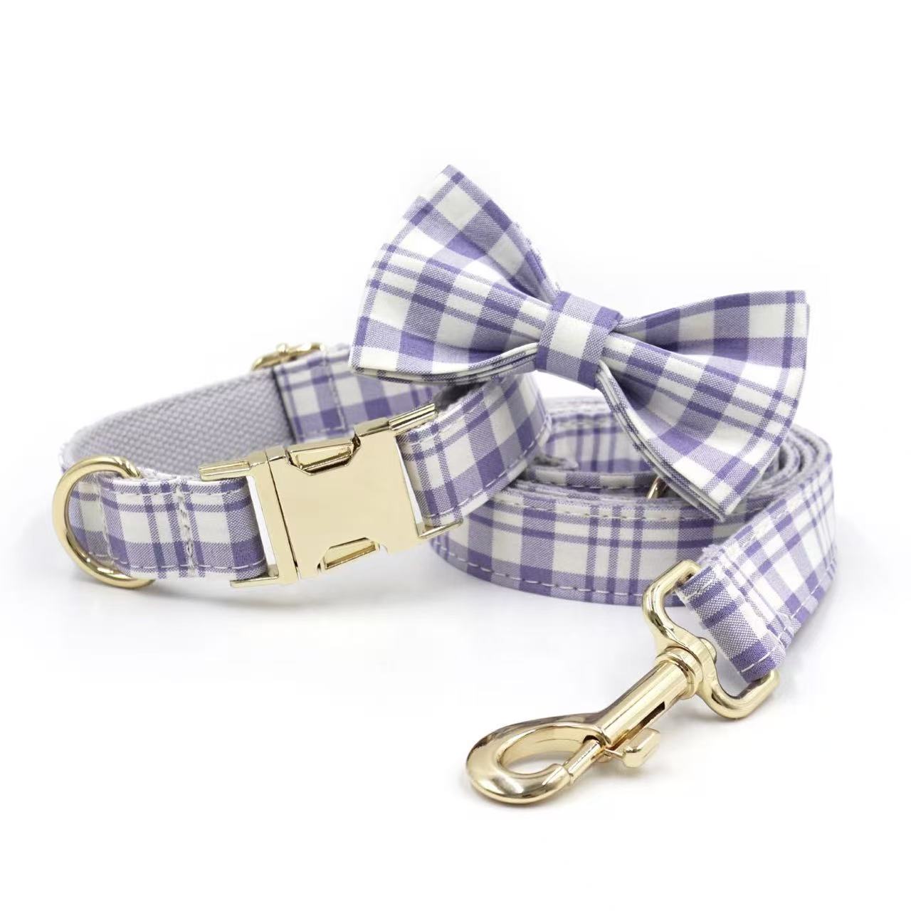 Purple plaid pet collar with matching bow tie and leash, soft and elegant.