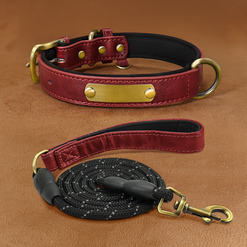 Red PU leather pet collar with brass nameplate and matching leash, durable and stylish.