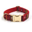 Red plaid dog collar with golden buckle and matching fabric.