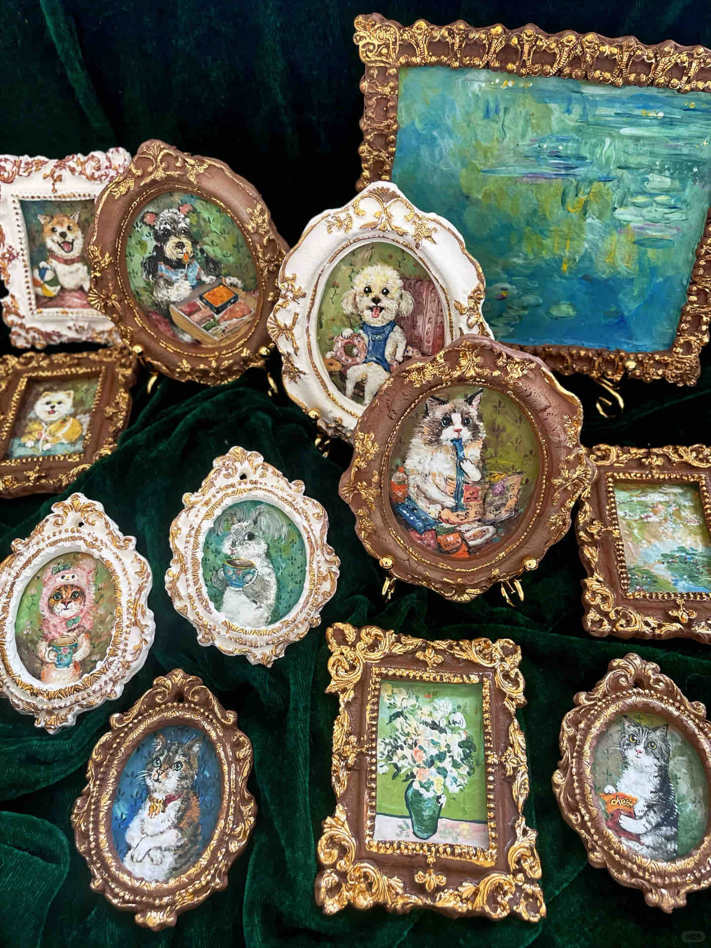 Multiple ceramic magnets in different shapes and colors with pet portraits in oil painting style