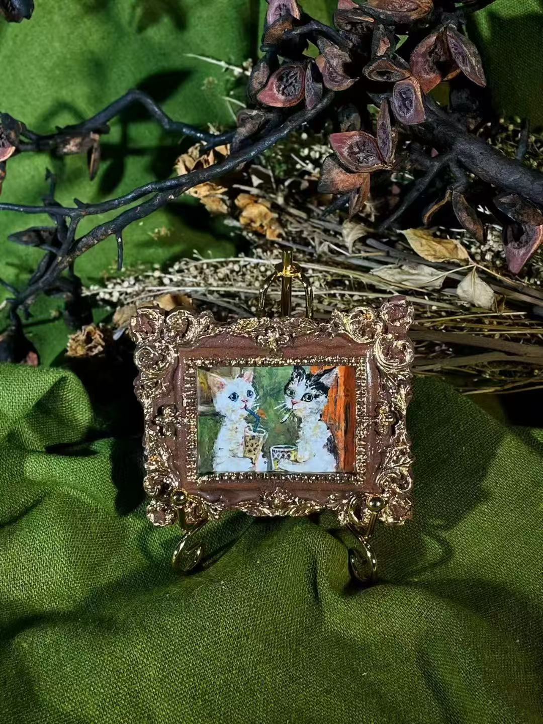 Square brown ceramic magnet on display stand, depicting oil painting-style 