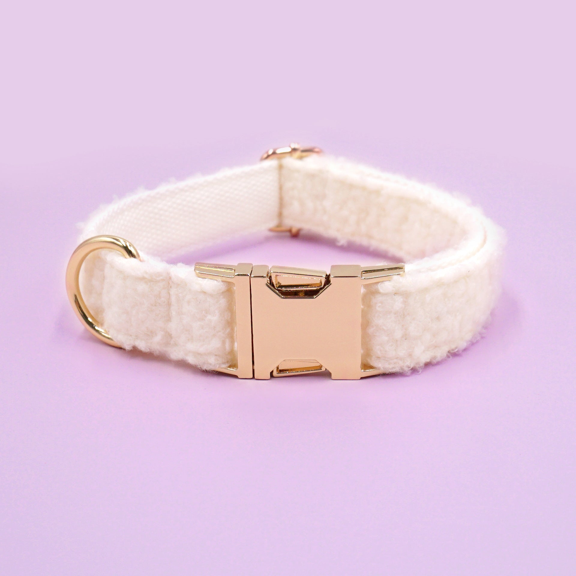 White teddy fleece pet collar with gold metal buckle, fluffy and cozy for cats and dogs.