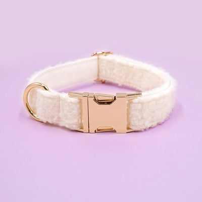 White teddy fleece pet collar with gold metal buckle, fluffy and cozy for cats and dogs.