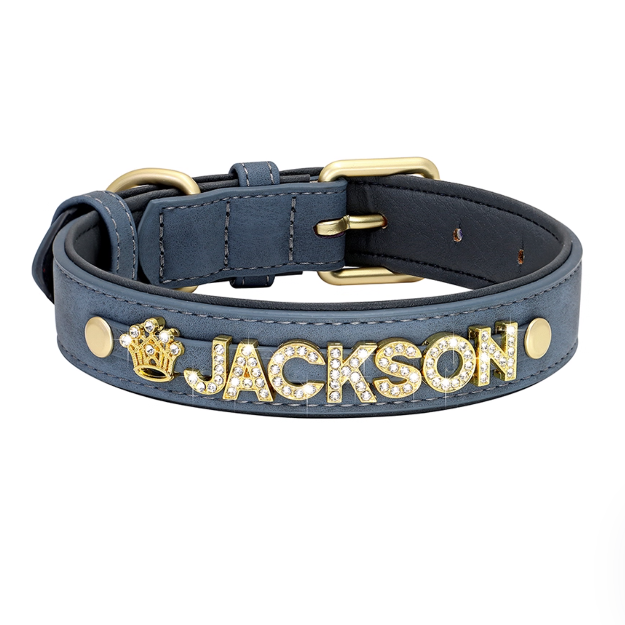 Blue rhinestone pet collar with “JACKSON” name and crown-shaped charm.