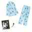 Blue long-sleeve custom pet pajamas with printed pet faces and paw patterns