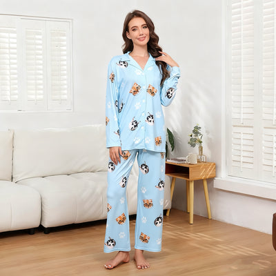 Model wearing blue custom pet pajamas made from milk silk with cat and dog prints