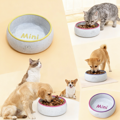 Cats and dogs eating from custom PLA bowls in different colors