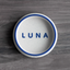 White PLA pet bowl with royal blue rim and name “LUNA”